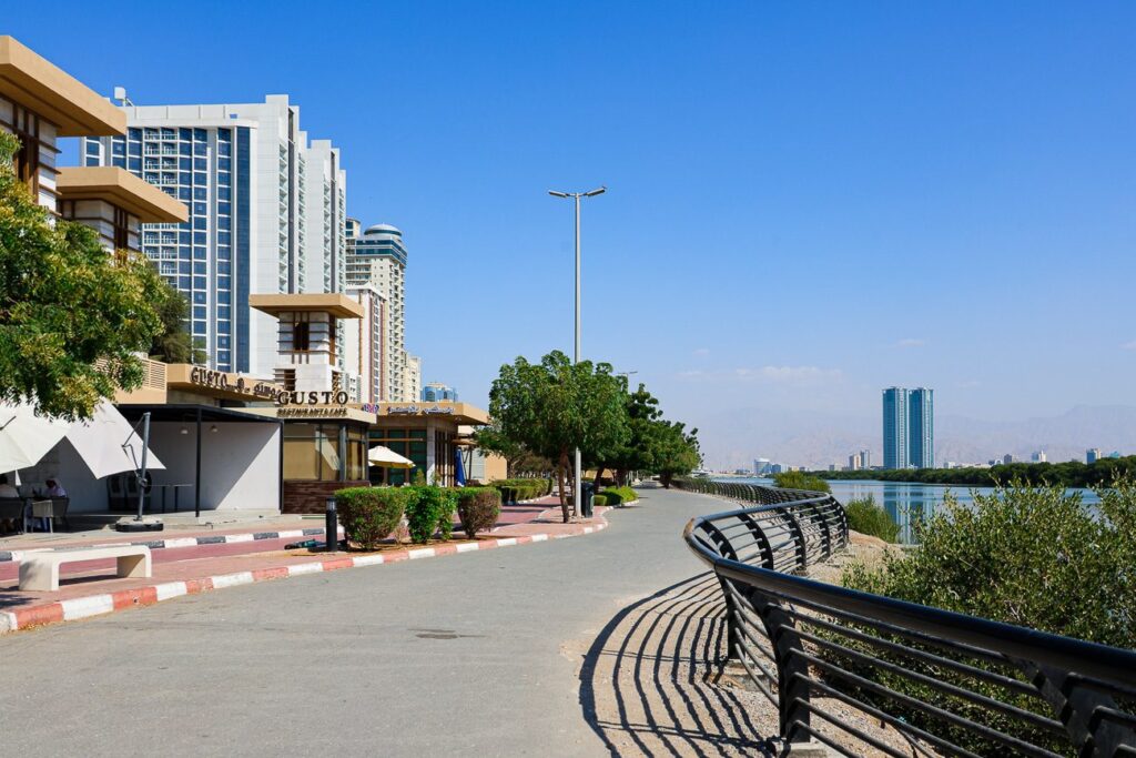 Dog enjoying an evening walk along Al Qawasim Corniche RAK